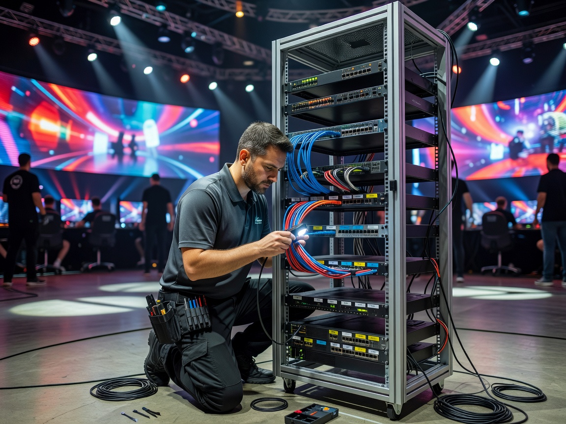 Network technician inspecting a neatly labeled equipment rack at an esports event