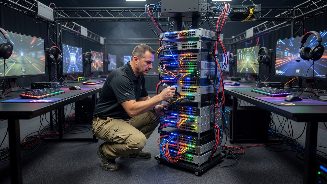 Event technician labeling network switches beside tournament stations
