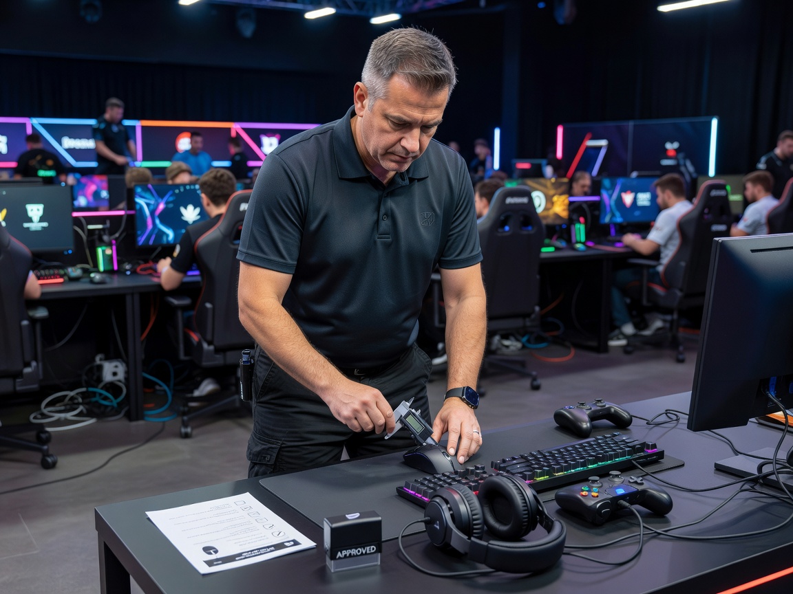 Tournament referee checking approved equipment before a competitive esports match