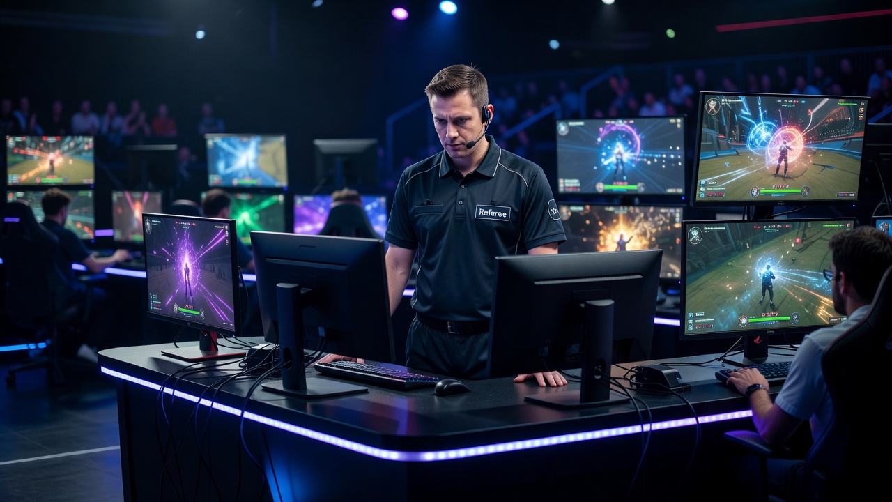 Esports referee observing a live match station during a tournament
