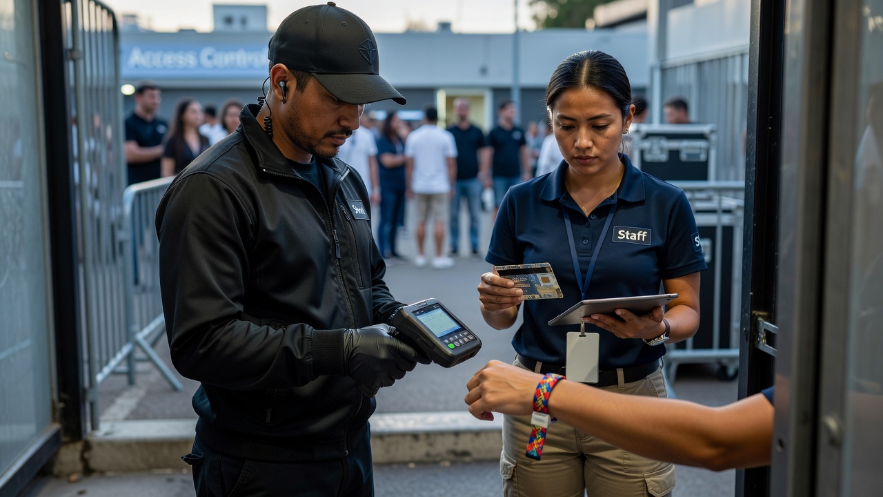 Venue operations staff checking a tournament credential at a controlled entrance