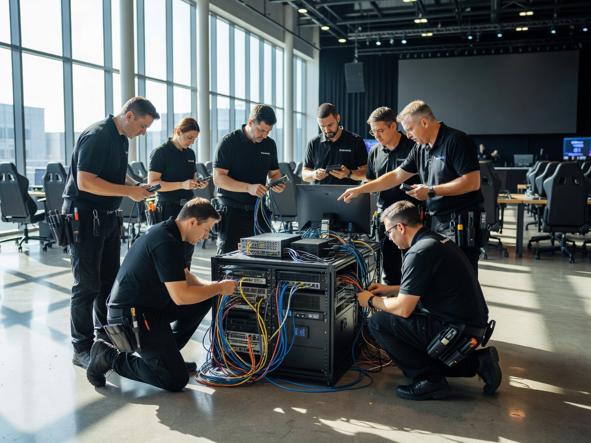 Tournament technicians checking event network equipment in a naturally lit esports venue
