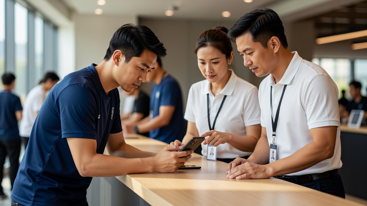 Tournament staff helping a player confirm account access at check-in