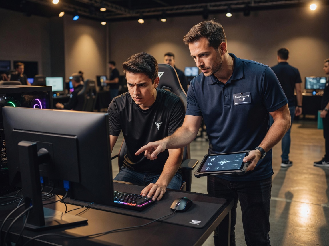 Player and tournament support staff confirming a secure login at a competition venue