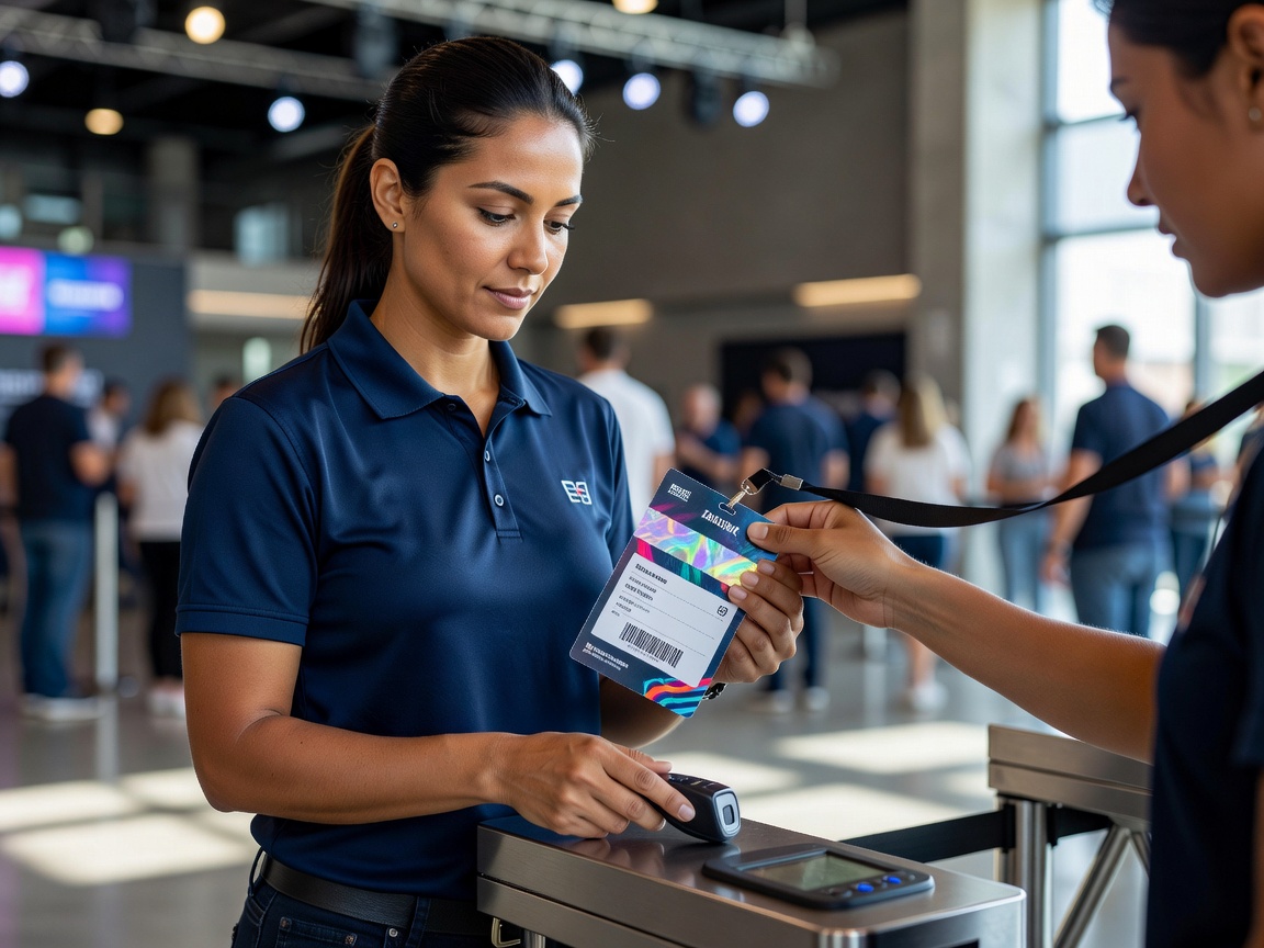 Event staff checking a clearly displayed tournament credential at a venue access point